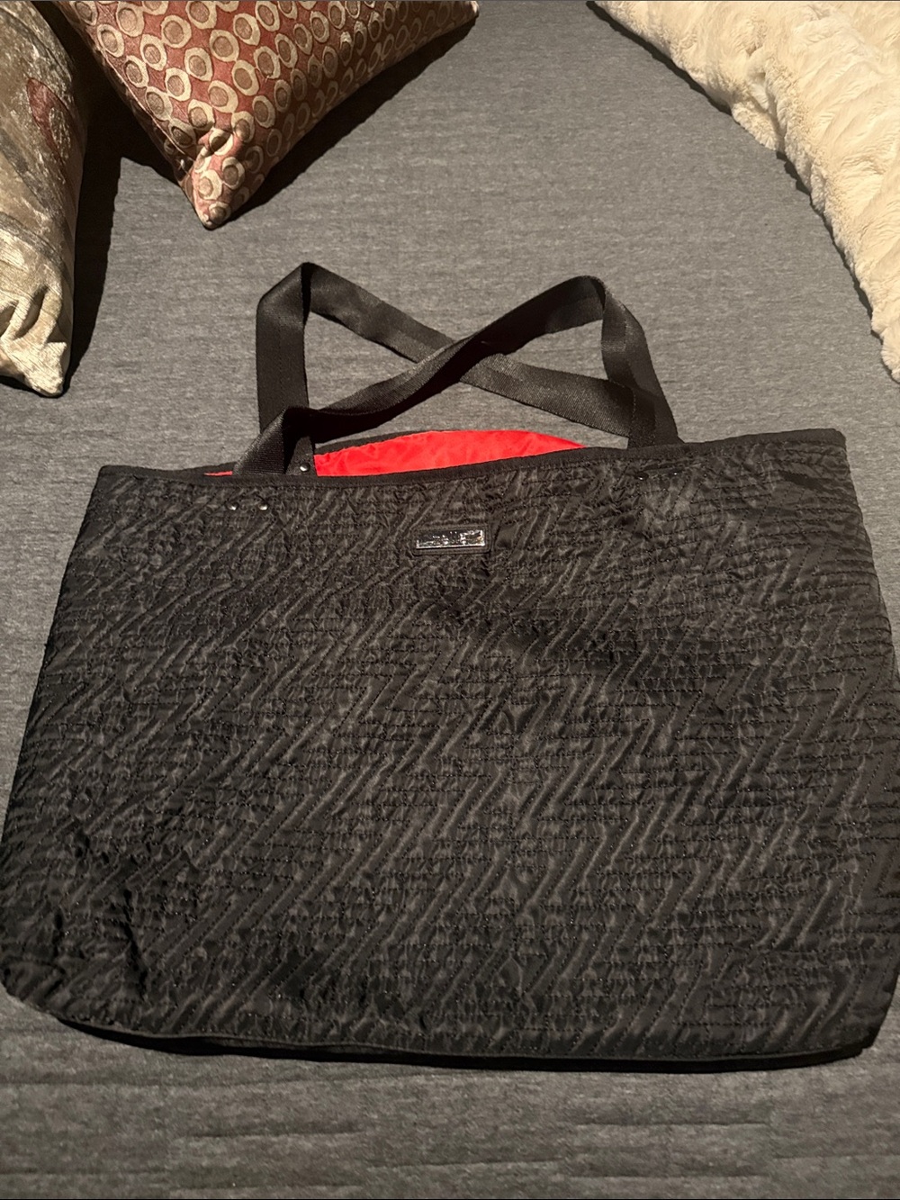 Zella Black Quilted Tote with Red Interior